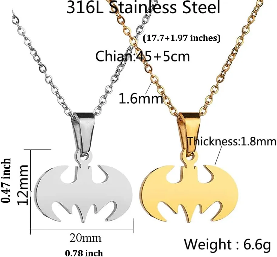 Bat Necklace for Men Women Stainless Steel Gold Silver Lightweight Fashion Anime Goth Cool Hippie Bat Pendant Necklace Jewelry Gift