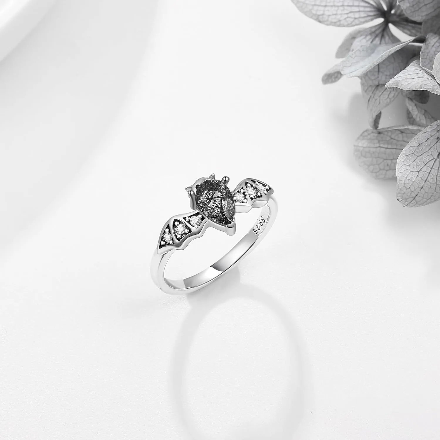 Bat Ring 925 Sterling Silver Bat Moonstone/Natural Black Rutilated Ring Gothic Jewelry Gifts for Women