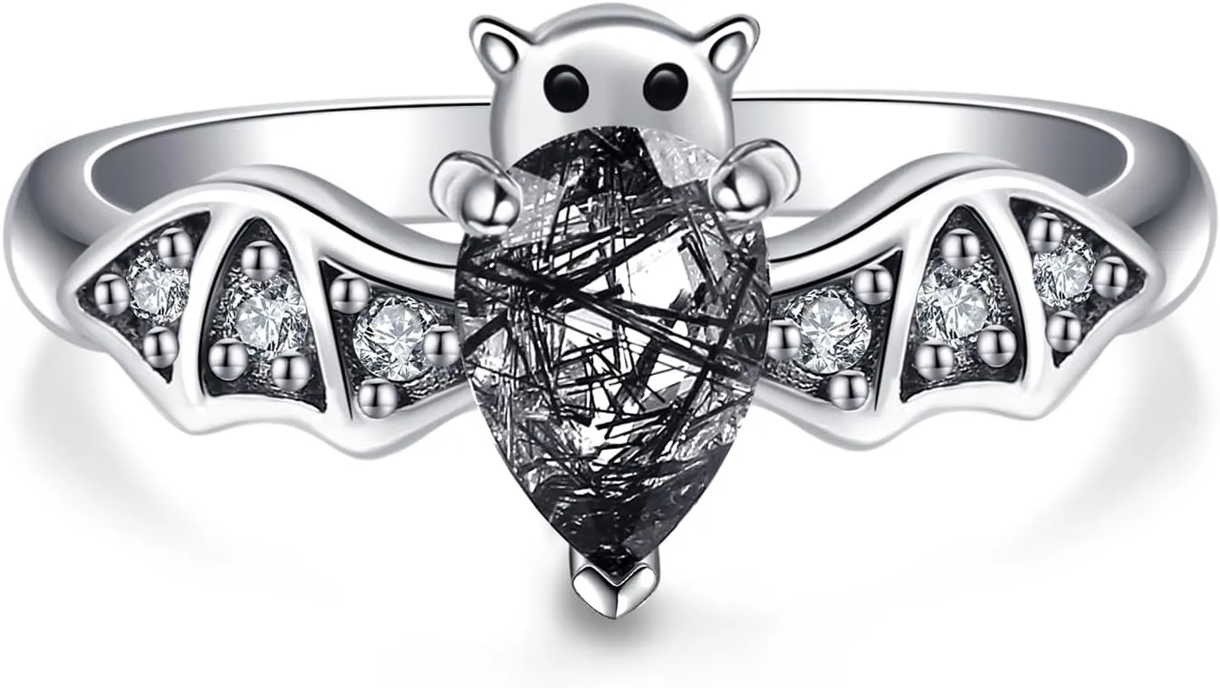 Bat Ring 925 Sterling Silver Bat Moonstone/Natural Black Rutilated Ring Gothic Jewelry Gifts for Women