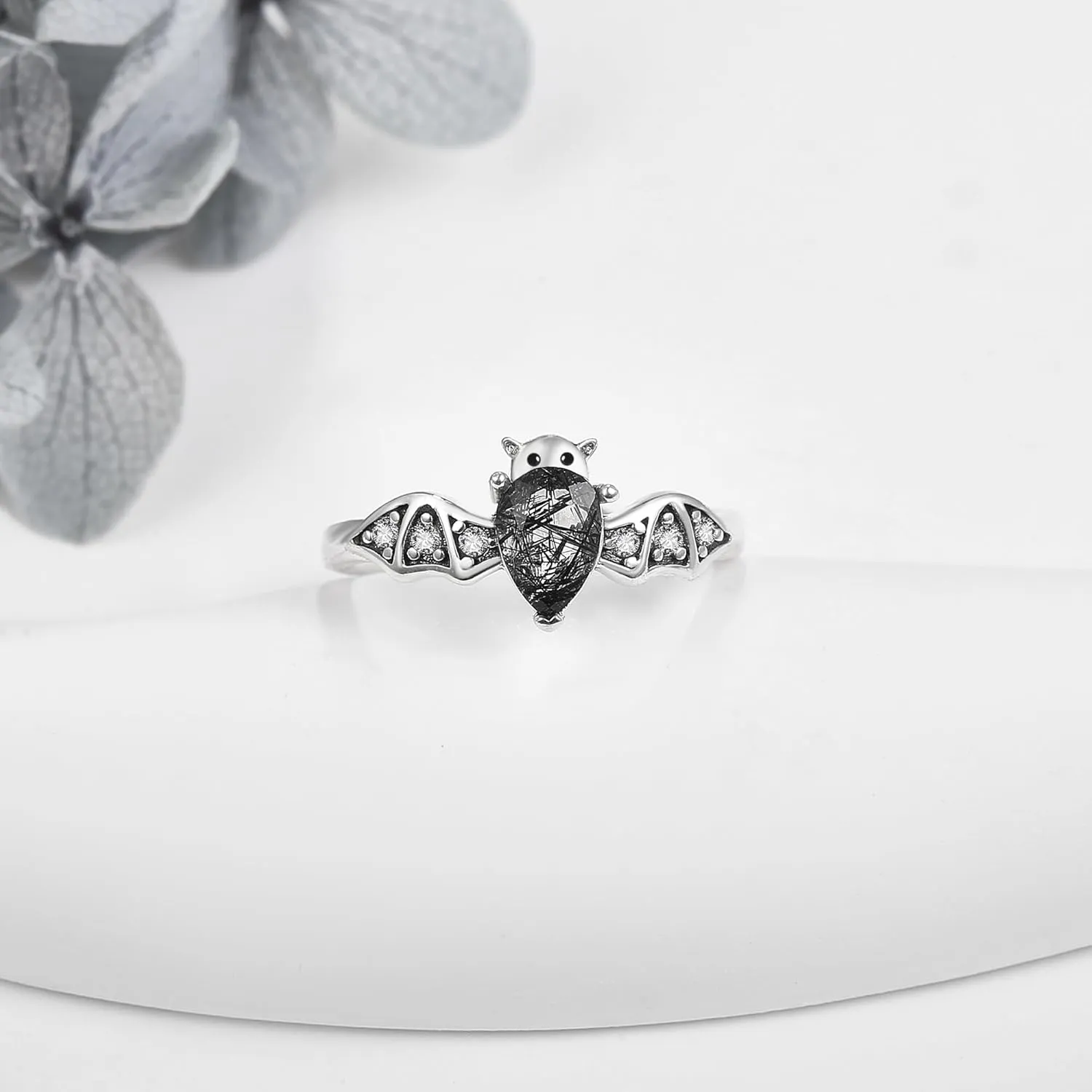 Bat Ring 925 Sterling Silver Bat Moonstone/Natural Black Rutilated Ring Gothic Jewelry Gifts for Women