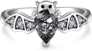 Bat Ring 925 Sterling Silver Bat Moonstone/Natural Black Rutilated Ring Gothic Jewelry Gifts for Women