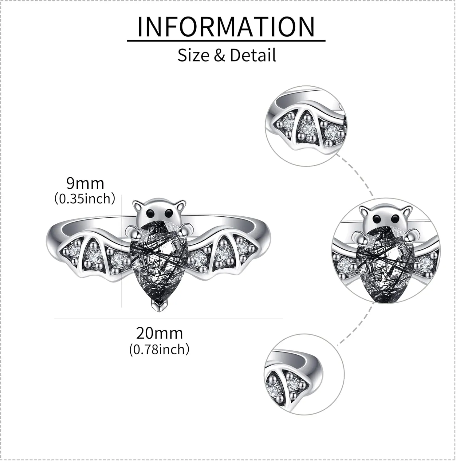 Bat Ring 925 Sterling Silver Bat Moonstone/Natural Black Rutilated Ring Gothic Jewelry Gifts for Women