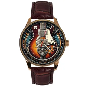 Beautiful Electric Guitar Steampunk Art Blue Dial Solid Brass Collectible Guitarist's Watch