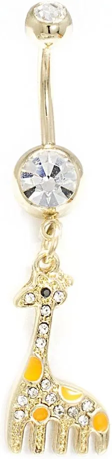 Belly Button Ring 14G Dangle Gold IP Giraffe Clear CZ Gem Navel Piercing Jewelry