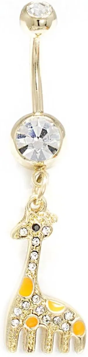 Belly Button Ring 14G Dangle Gold IP Giraffe Clear CZ Gem Navel Piercing Jewelry