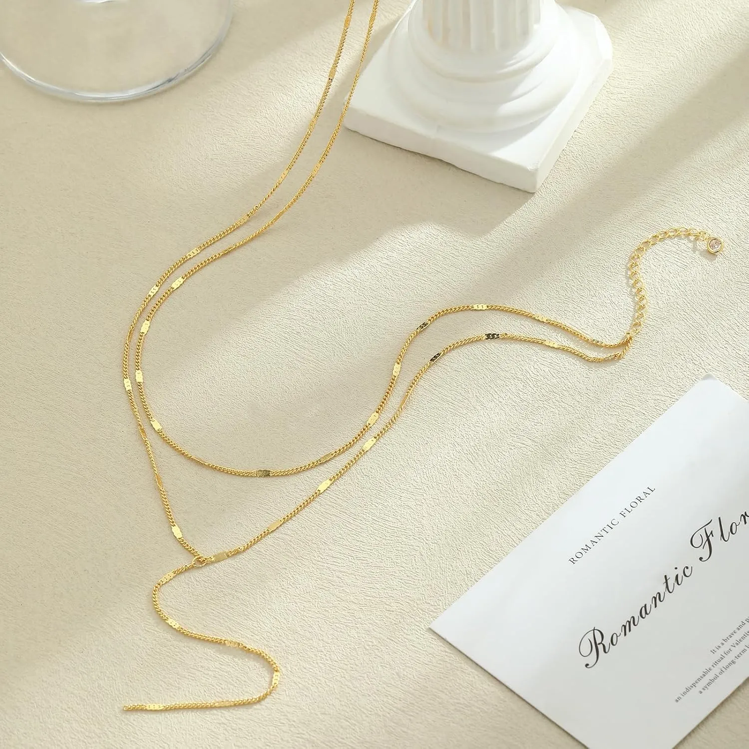 BERISO Y-Shape Gold Necklace for Women - 14K Gold Plated Minimalist Pendant Chain Jewelry, Elegant Gift for Anniversary