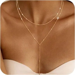 BERISO Y-Shape Gold Necklace for Women - 14K Gold Plated Minimalist Pendant Chain Jewelry, Elegant Gift for Anniversary