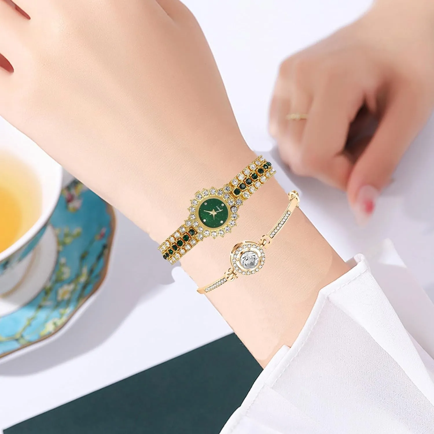 BESTKANG Two Tone Women's Watch Full Diamond Luxury Elegant Rhinestone Quartz Waterproof Watches for Women Bracelet Set