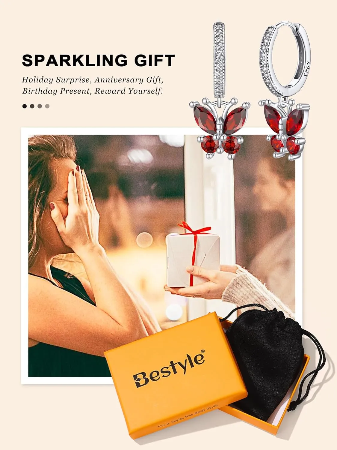 Bestyle Sterling Silver Butterfly Earrings for Women, Dainty Cute Birthstone Studs Hypoallergenic Jewelry, Great Birthday Gift