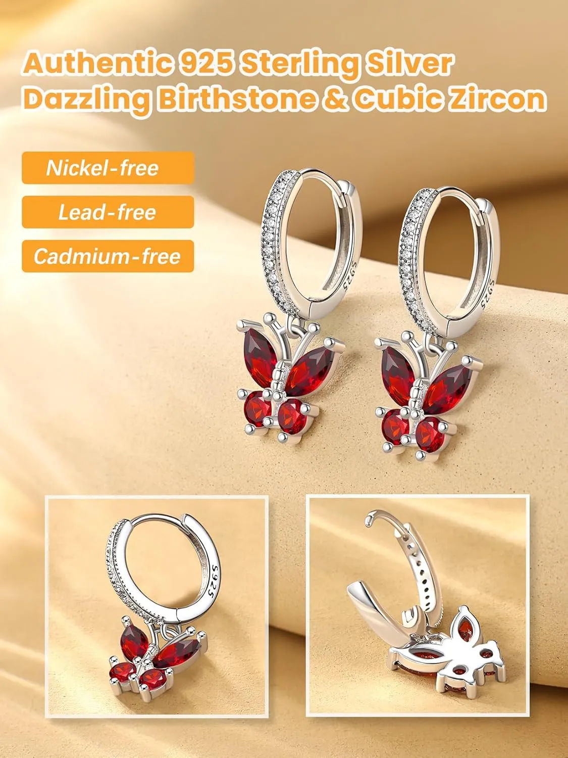 Bestyle Sterling Silver Butterfly Earrings for Women, Dainty Cute Birthstone Studs Hypoallergenic Jewelry, Great Birthday Gift
