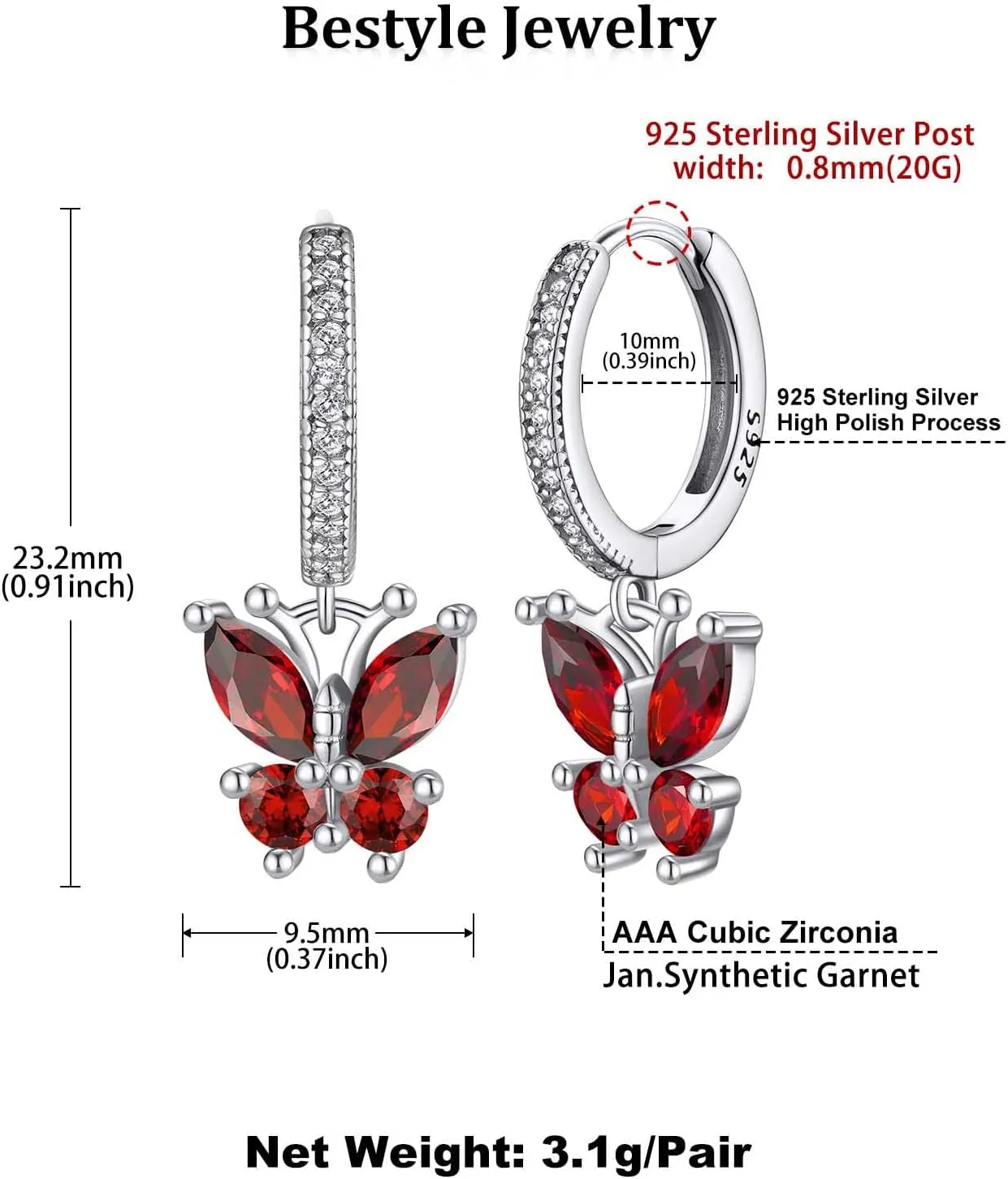 Bestyle Sterling Silver Butterfly Earrings for Women, Dainty Cute Birthstone Studs Hypoallergenic Jewelry, Great Birthday Gift