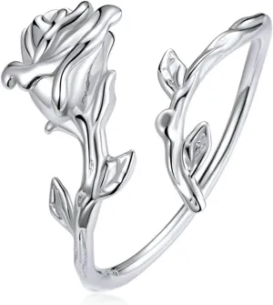BISAER Vivid Rose Flower Open Ring for Women S925 Sterling Silver Adjustable Stacking Ring Beautiful Jewelry for Femal