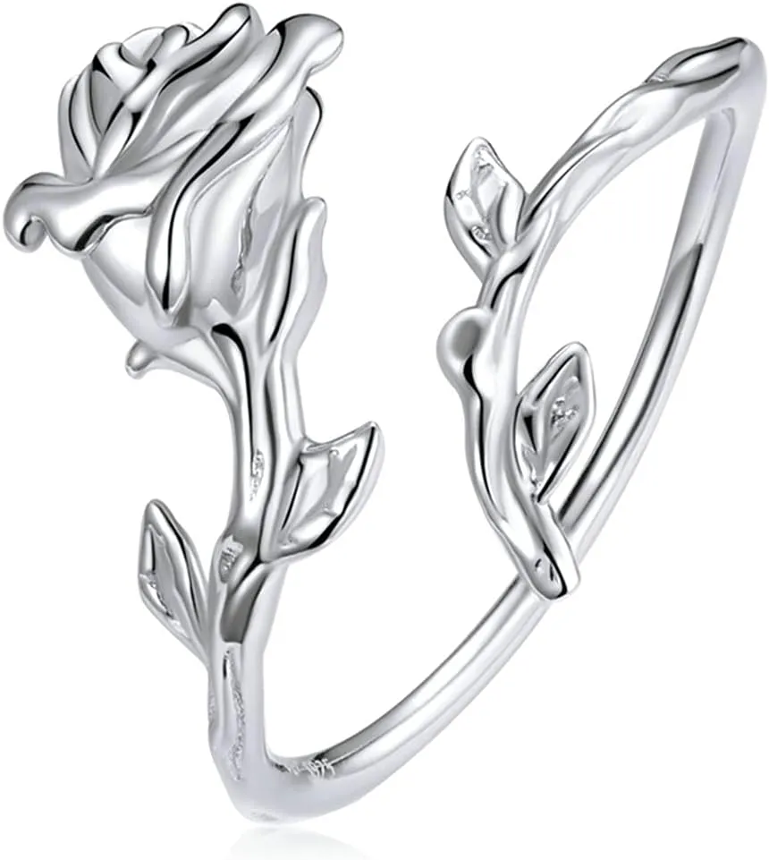 BISAER Vivid Rose Flower Open Ring for Women S925 Sterling Silver Adjustable Stacking Ring Beautiful Jewelry for Femal