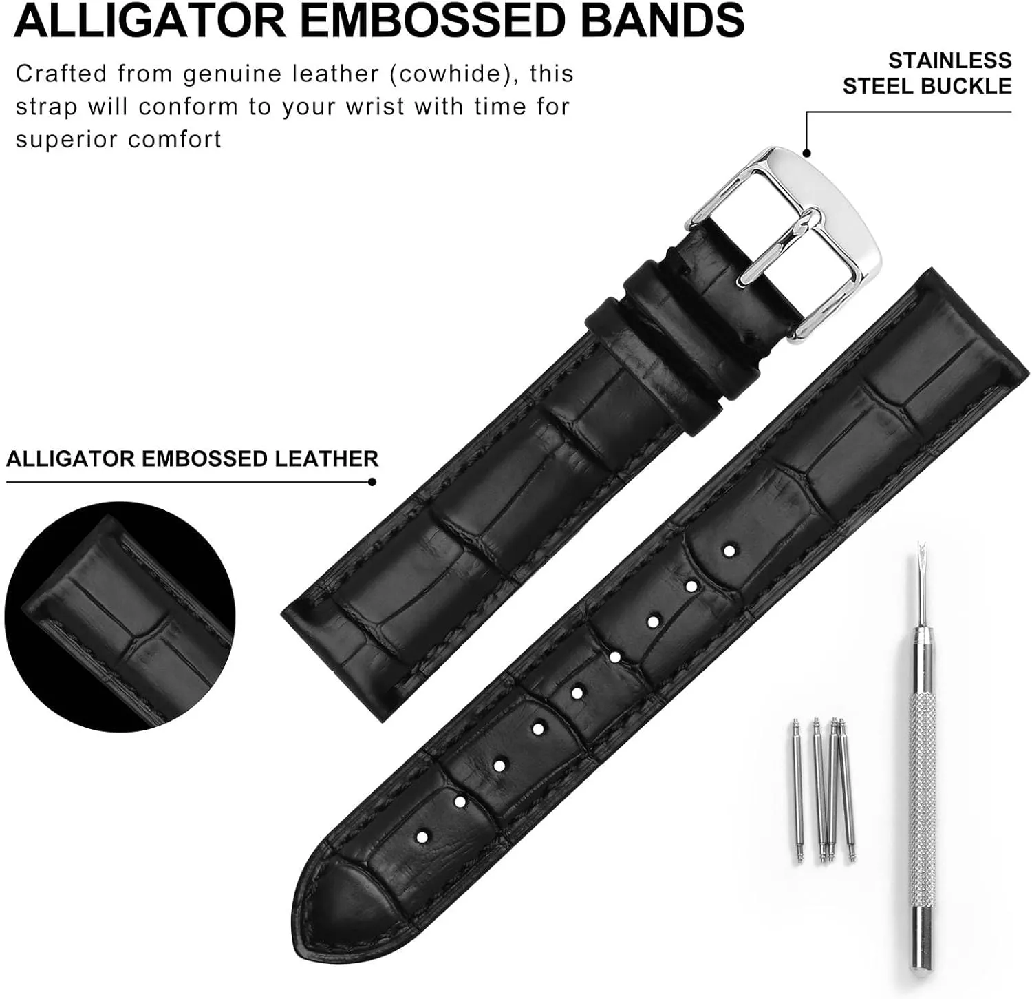 BISONSTRAP Watch Bands, Alligator Embossed Leather Watch Straps, Band Width- 18mm 19mm 20mm 22mm 24mm 26mm