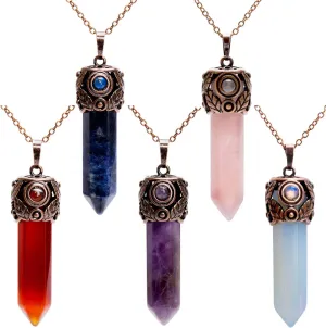 Bivei Retro Antique Brass Chakra Necklace Hexagonal Prism Gemstone Quartz Crystal Stone Healing Pendant (Pack of 5)