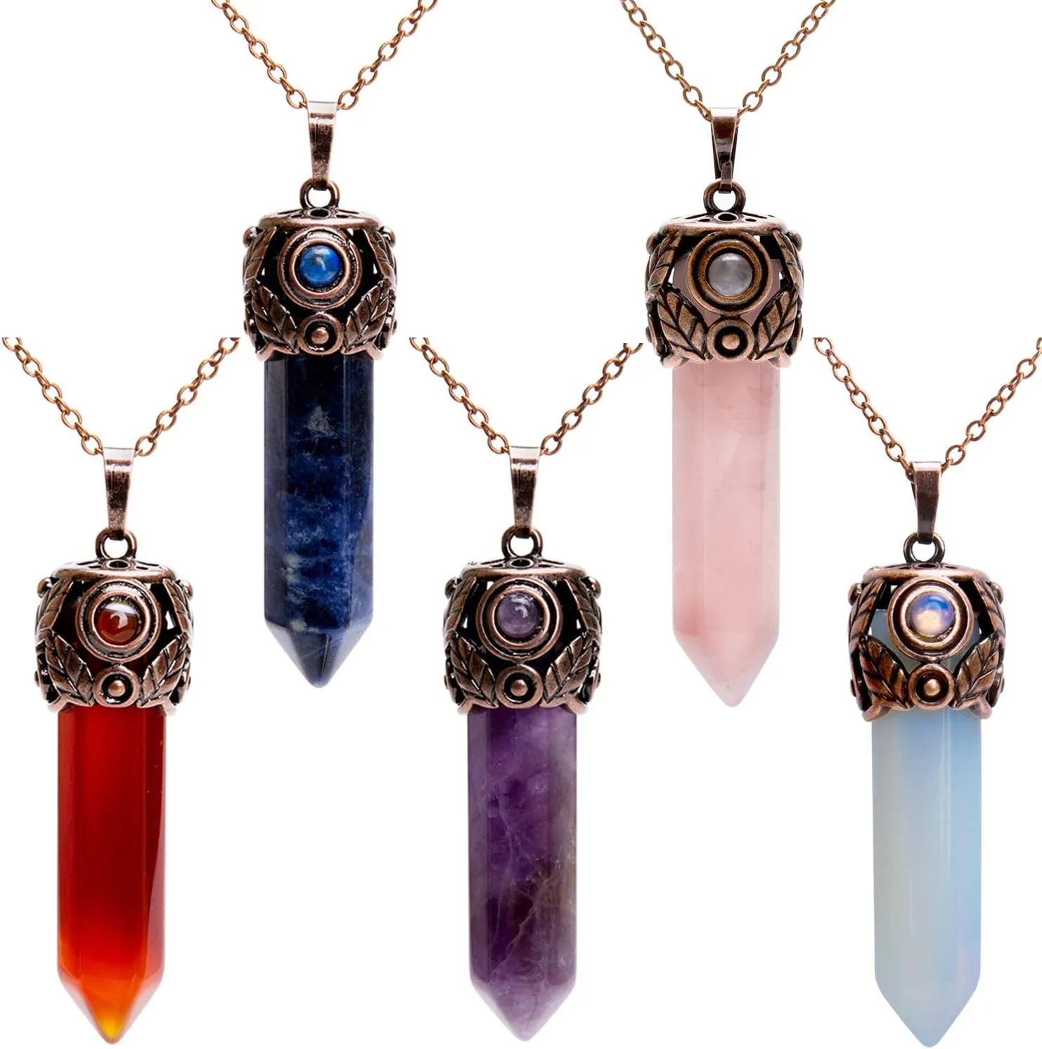 Bivei Retro Antique Brass Chakra Necklace Hexagonal Prism Gemstone Quartz Crystal Stone Healing Pendant (Pack of 5)