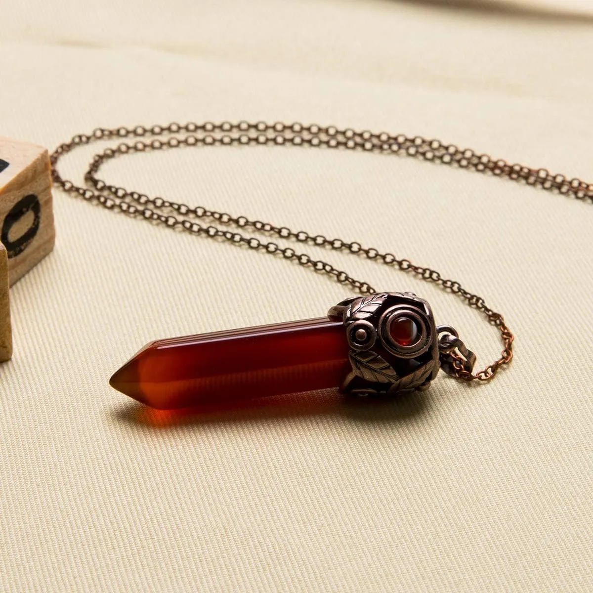 Bivei Retro Antique Brass Chakra Necklace Hexagonal Prism Gemstone Quartz Crystal Stone Pendant