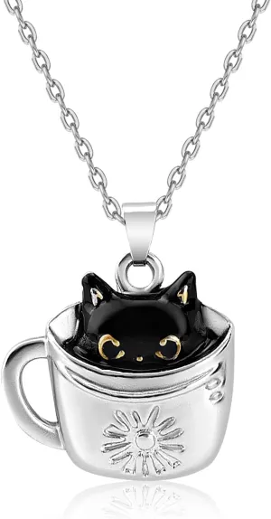 Black Cat Necklace, Cat Pendant Necklaces Black Cat in Cup Necklace Girl Jewelry Gift for Girls Daughter Granddaughter Niece Christmas Birthday Gift