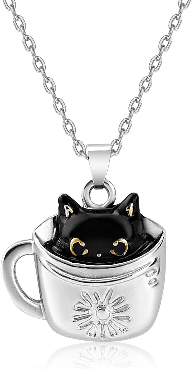 Black Cat Necklace, Cat Pendant Necklaces Black Cat in Cup Necklace Girl Jewelry Gift for Girls Daughter Granddaughter Niece Christmas Birthday Gift