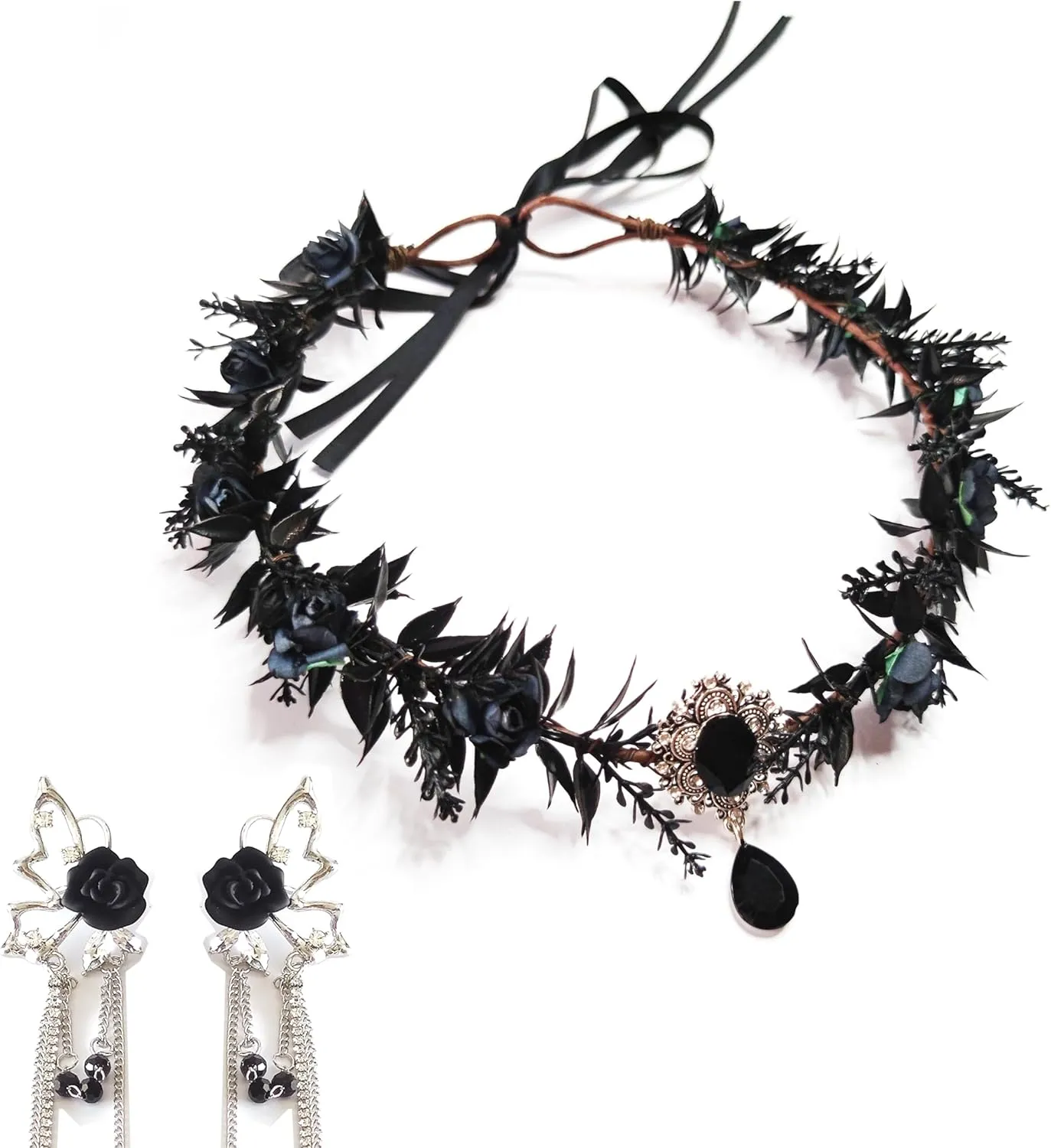 Black Flower Crown with Elf Ear Cuffs, Gothic Crown for Halloween Costume Party