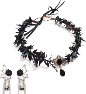 Black Flower Crown with Elf Ear Cuffs, Gothic Crown for Halloween Costume Party