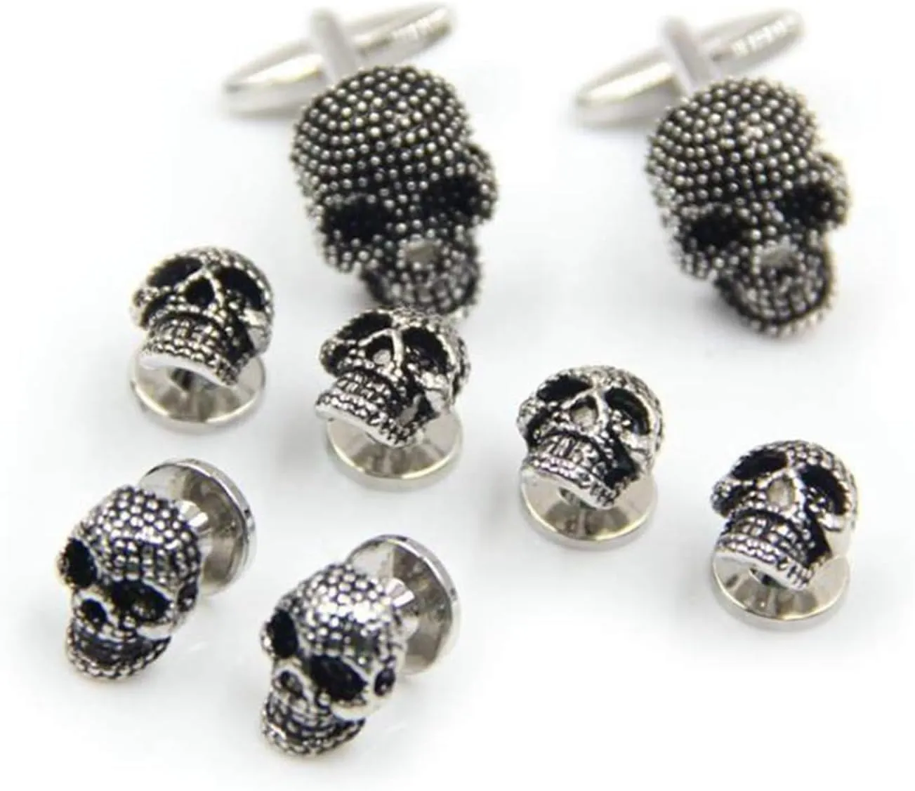Black Skull Cufflinks and 6 Shirt Studs Set, Unique Gothic Accessories for Formal Wear and Special Occasions