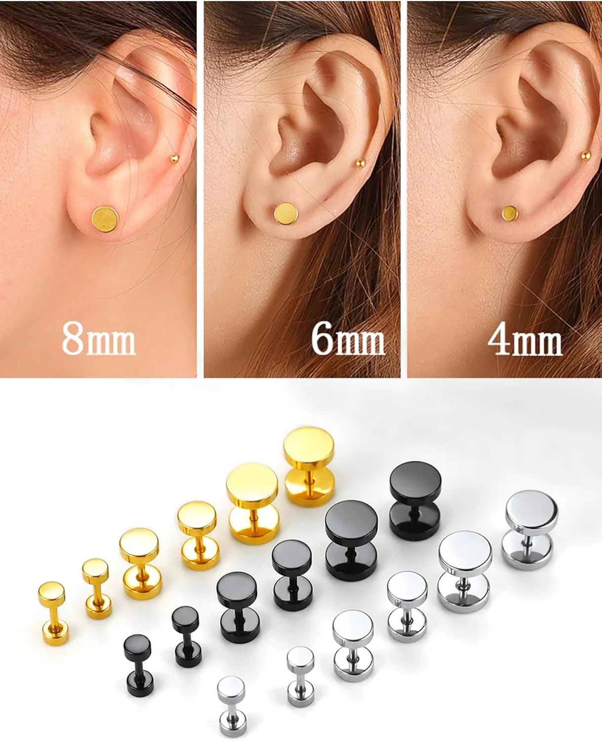 Black Stainless Steel Round Stud Earrings for Men Women Flat Studs Gothic Punk Flat Back Earringswith Box)