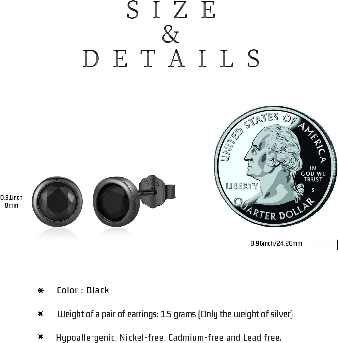 Black Stud Earrings 925 Sterling Silver Black Onyx/Cubic Zirconia Stud Earrings Jewelry Gifts for Women Men