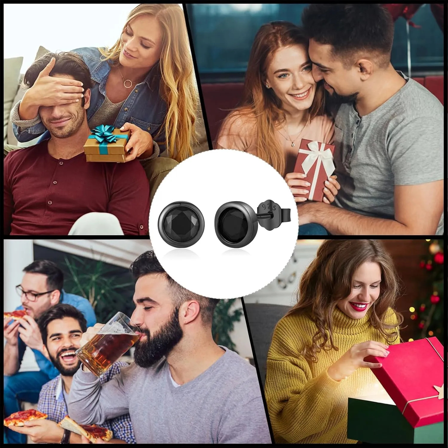Black Stud Earrings 925 Sterling Silver Black Onyx/Cubic Zirconia Stud Earrings Jewelry Gifts for Women Men