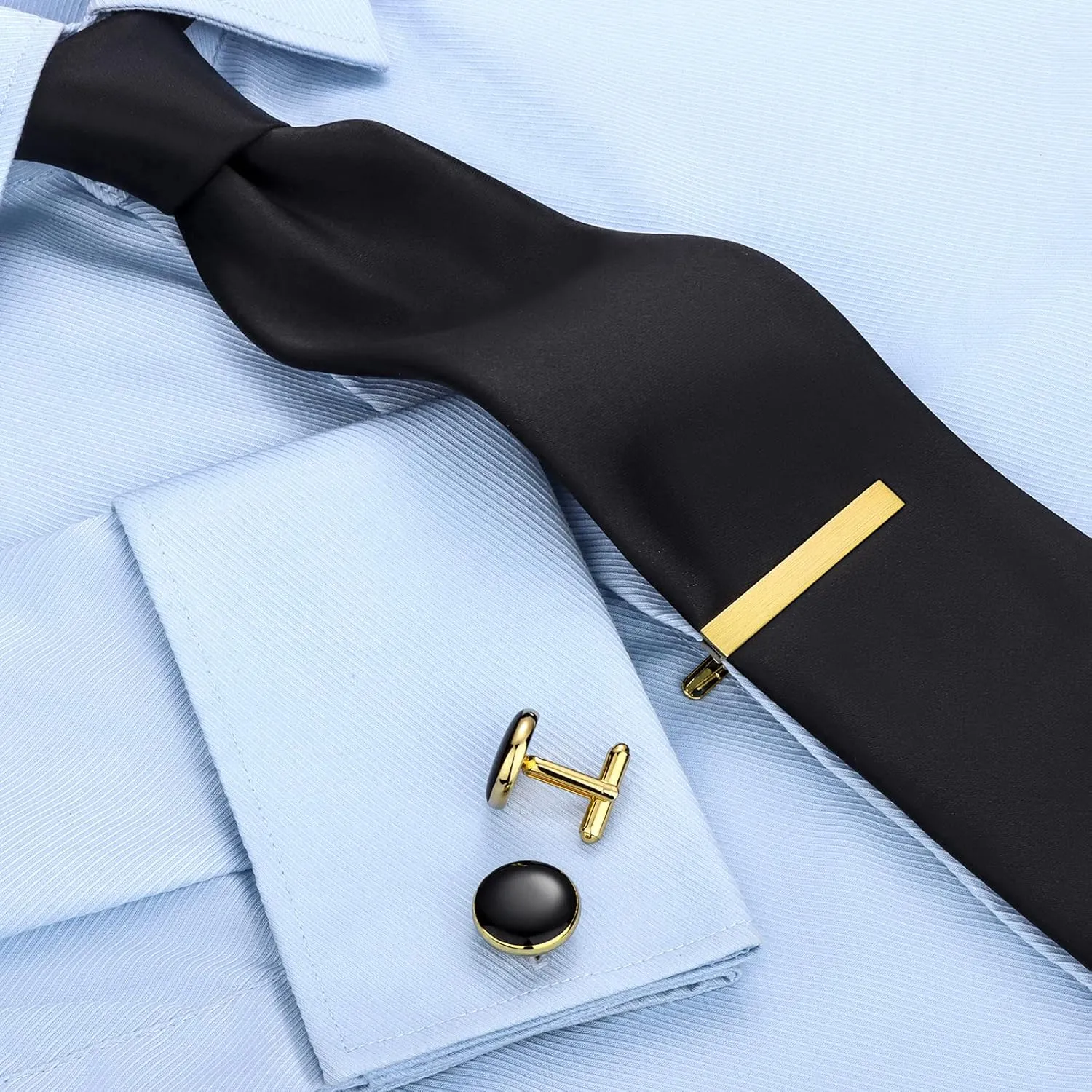 Black Ties for Men and Cufflinks Tie Clip Set, Solid Satin Necktie for Father's Day,Anniversary,Wedding and Bussiness.