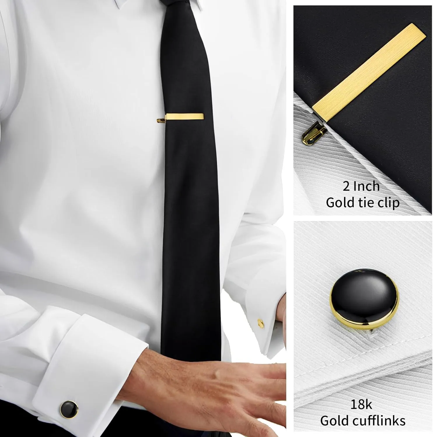 Black Ties for Men and Cufflinks Tie Clip Set, Solid Satin Necktie for Father's Day,Anniversary,Wedding and Bussiness.