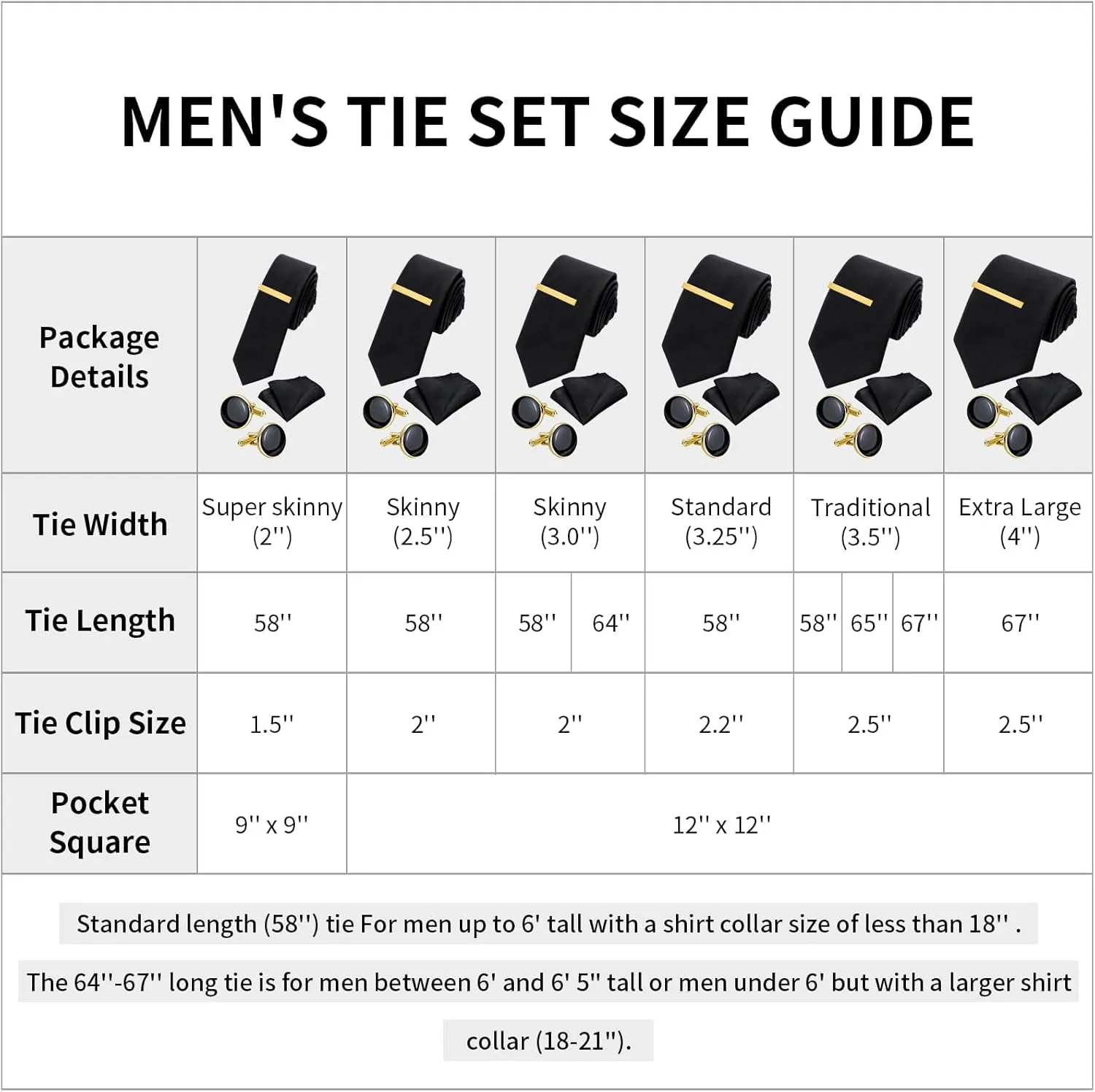 Black Ties for Men and Cufflinks Tie Clip Set, Solid Satin Necktie for Father's Day,Anniversary,Wedding and Bussiness.
