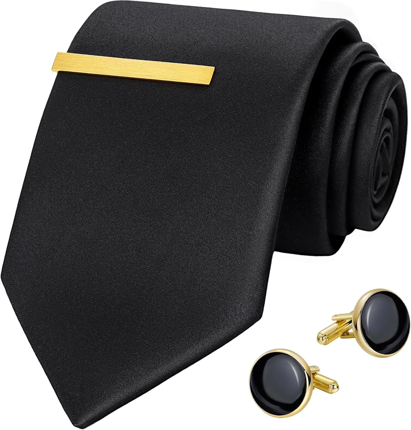 Black Ties for Men and Cufflinks Tie Clip Set, Solid Satin Necktie for Father's Day,Anniversary,Wedding and Bussiness.