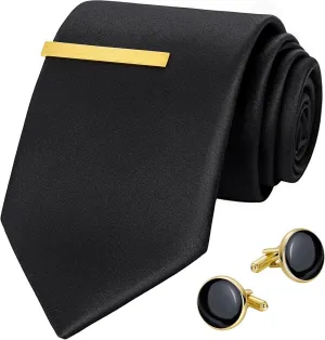 Black Ties for Men and Cufflinks Tie Clip Set, Solid Satin Necktie for Father's Day,Anniversary,Wedding and Bussiness.