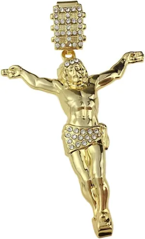 Bling Cartel 14K Gold Plated Jesus Body Pendant Iced Hip Hop Crucifix 3.5" Inch Medium Charm