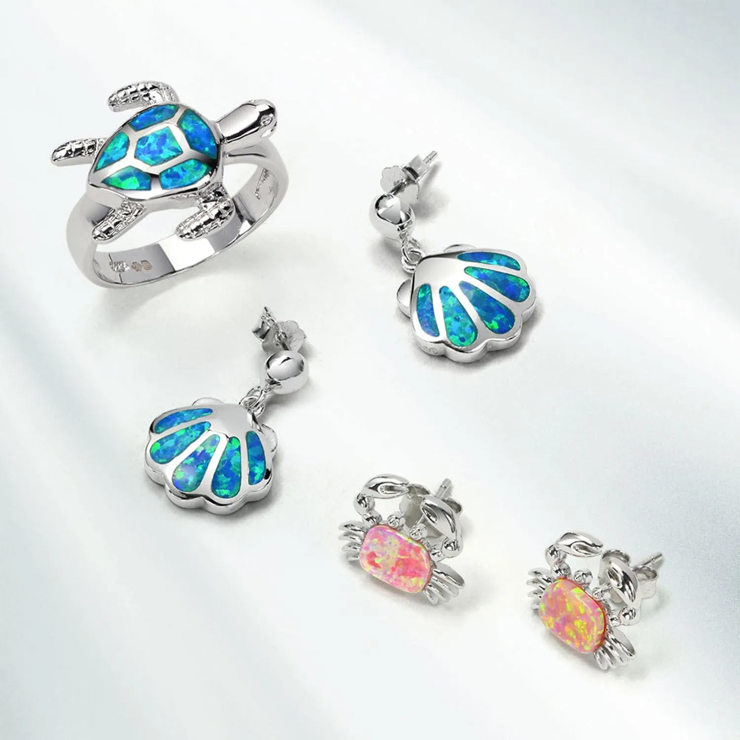 Bling Jewelry Gemstone Pink Blue White Tropical Vacation Nautical Created Opal Beach Lobster Claw Crab Stud Earrings Pendant For Women .925 Sterling Silver October Birthstone