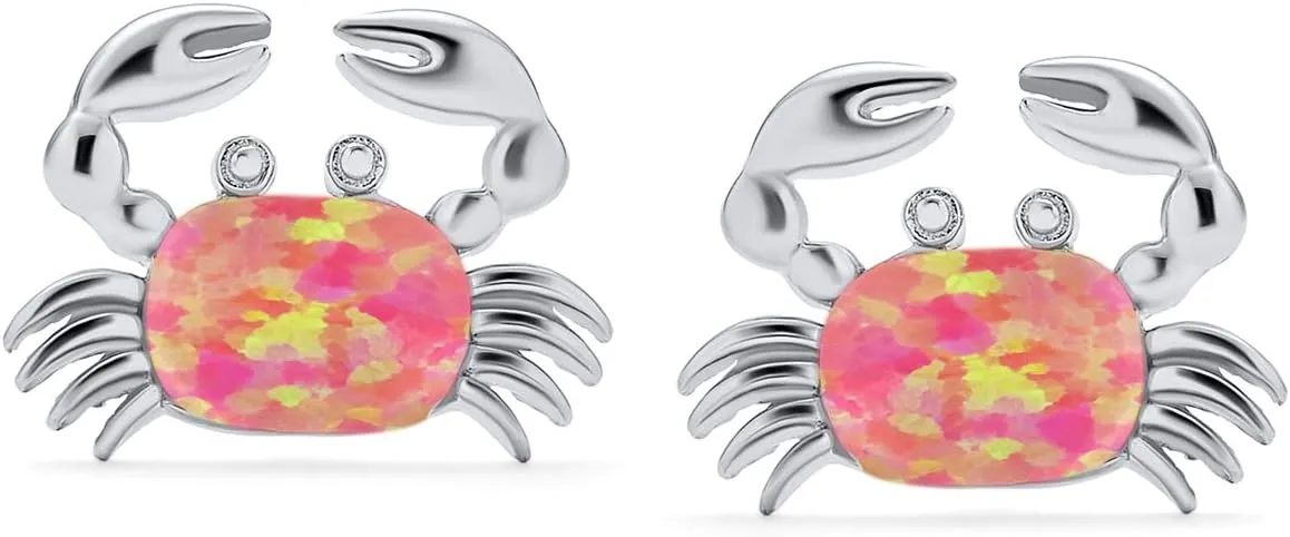 Bling Jewelry Gemstone Pink Blue White Tropical Vacation Nautical Created Opal Beach Lobster Claw Crab Stud Earrings Pendant For Women .925 Sterling Silver October Birthstone