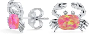 Bling Jewelry Gemstone Pink Blue White Tropical Vacation Nautical Created Opal Beach Lobster Claw Crab Stud Earrings Pendant For Women .925 Sterling Silver October Birthstone
