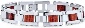 Bling Jewelry Masculine Geometric Infinity Key Link Bracelet for Teens Men Black Gold Silver Tone Stainless Steel and Wood Wristband 8.5-9 Inch Length 12MM Width
