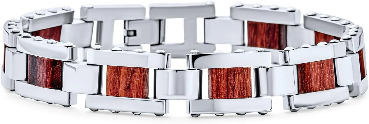 Bling Jewelry Masculine Geometric Infinity Key Link Bracelet for Teens Men Black Gold Silver Tone Stainless Steel and Wood Wristband 8.5-9 Inch Length 12MM Width
