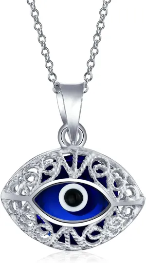 Bling Jewelry Turkish Spiritual Protection Amulet Round Circle Moving Floating Aqua Nazar Blue Evil Eye Filigree Charm Pendant Necklace For Women For Teen .925 Sterling Silver