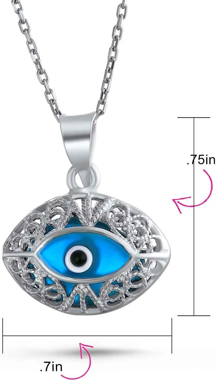 Bling Jewelry Turkish Spiritual Protection Amulet Round Circle Moving Floating Aqua Nazar Blue Evil Eye Filigree Charm Pendant Necklace For Women For Teen .925 Sterling Silver