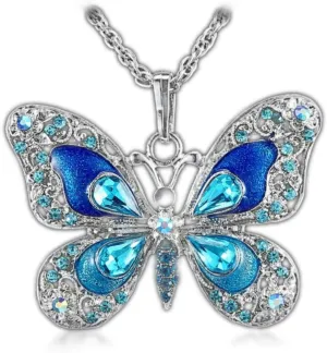Blue Alloy Butterfly Pendant Necklace  Rhinestone & Enamel Long Chain Jewelry for Women, Elegant Sweater Necklace Gift