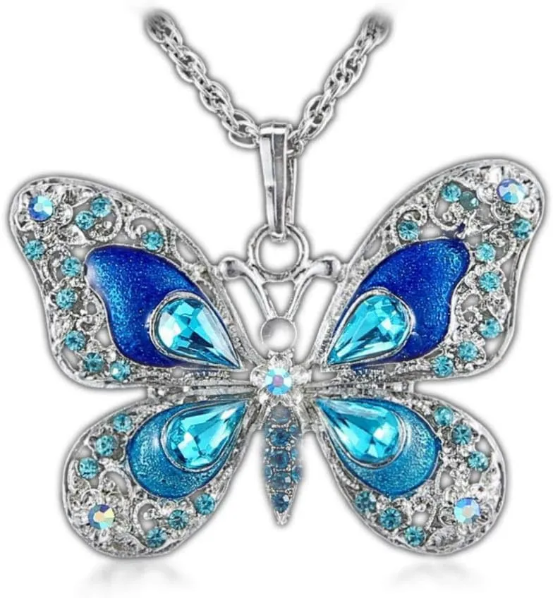 Blue Alloy Butterfly Pendant Necklace  Rhinestone & Enamel Long Chain Jewelry for Women, Elegant Sweater Necklace Gift