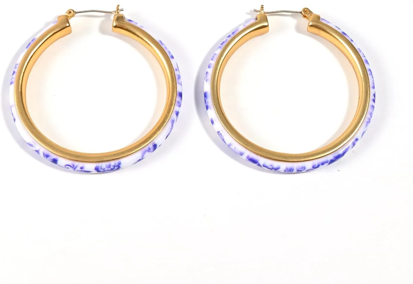 Blue and White Porcelain Hoop Earrings for Women 18k Gold Plated Silver Needle Vintage Big Round Earrings Chinese Style Unique Personalized Drop Hoop Earrings Jewelry