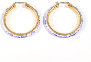 Blue and White Porcelain Hoop Earrings for Women 18k Gold Plated Silver Needle Vintage Big Round Earrings Chinese Style Unique Personalized Drop Hoop Earrings Jewelry
