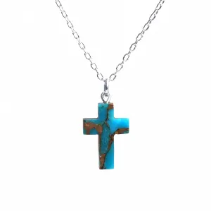 Blue Copper Turquoise Necklace, Cross Shape Pendant Necklace, Healing Crystal Necklace, December Birthstone Jewelry, Gift for Mom Girls, 16 2 inch 925 Silver Adjustable Chain