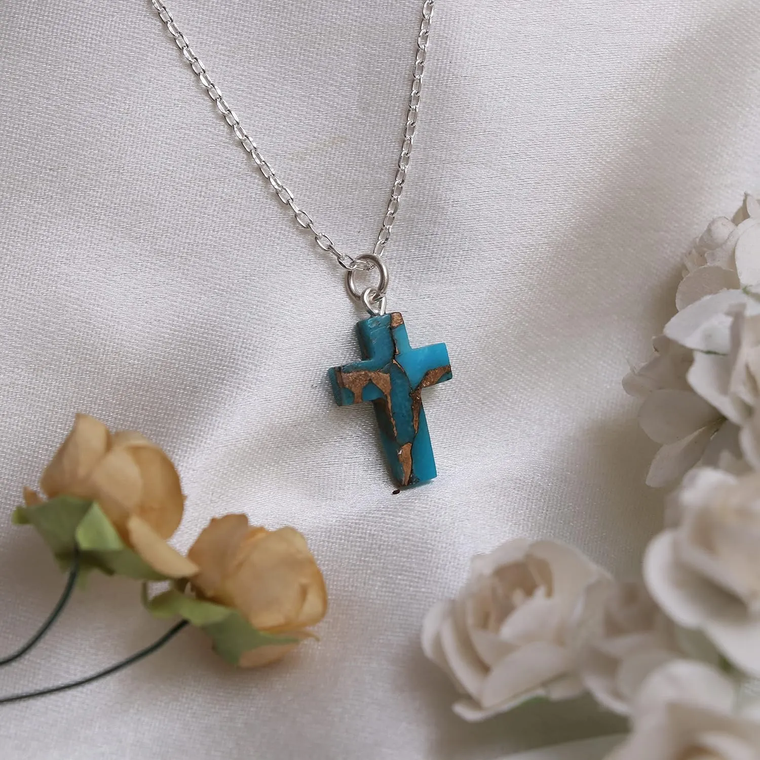 Blue Copper Turquoise Necklace, Cross Shape Pendant Necklace, Healing Crystal Necklace, December Birthstone Jewelry, Gift for Mom Girls, 16 2 inch 925 Silver Adjustable Chain