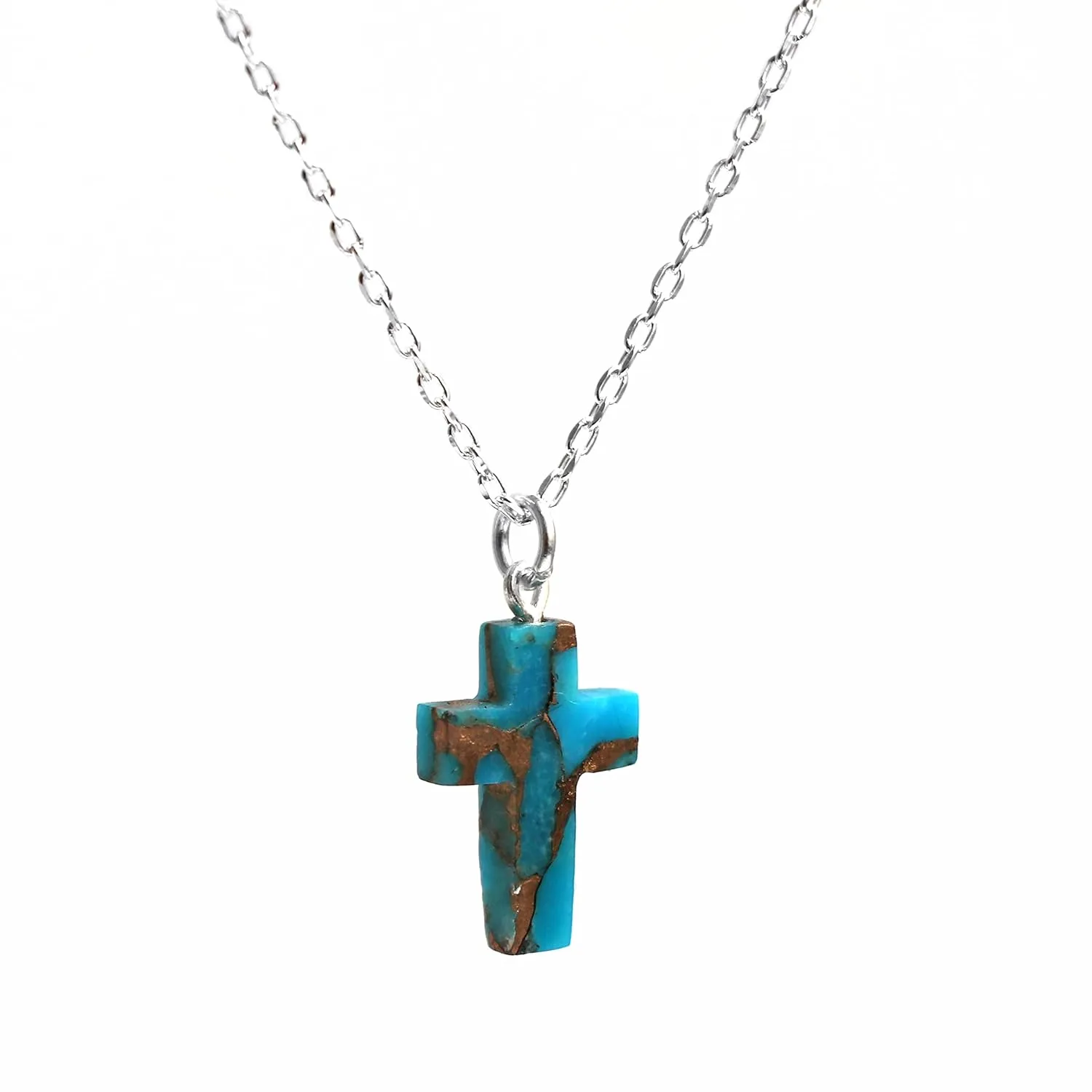 Blue Copper Turquoise Necklace, Cross Shape Pendant Necklace, Healing Crystal Necklace, December Birthstone Jewelry, Gift for Mom Girls, 16 2 inch 925 Silver Adjustable Chain