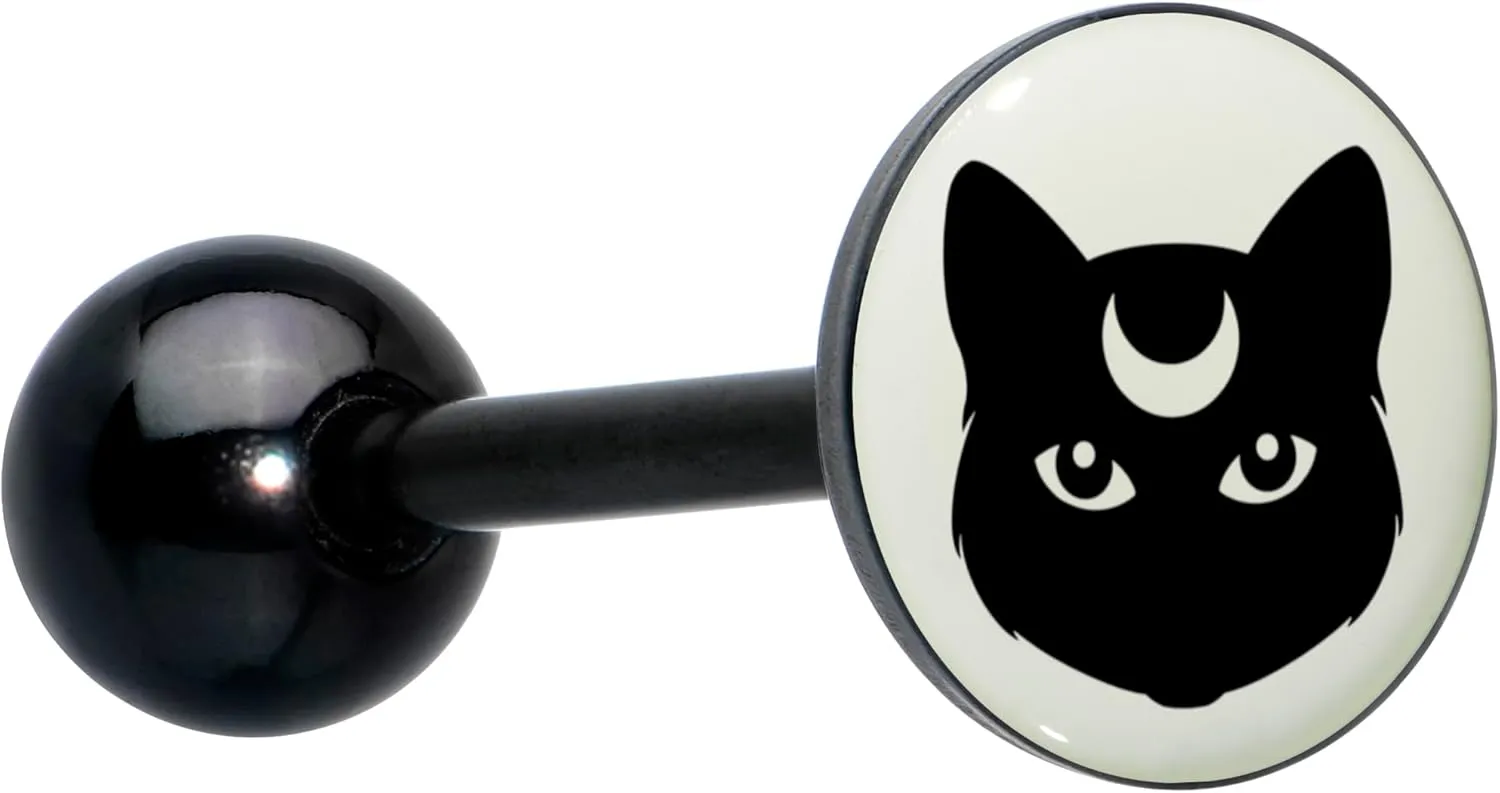 Body Candy 14G Women 316L Stainless Steel Black Glow in the Dark Mystic Kitty Cat Mens Barbell Tongue Ring Body Piercing Jewelry 5/8